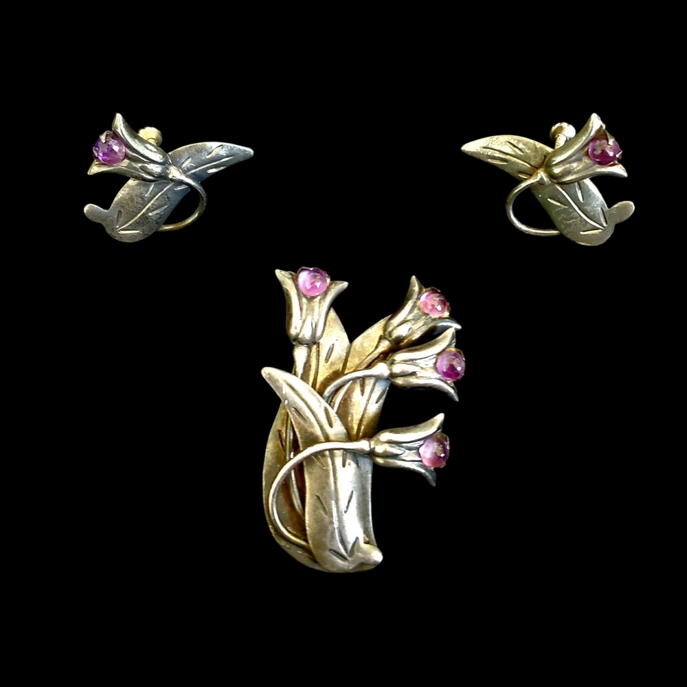 Amethyste 950 Silver Taxco Brooch And Earrings Set